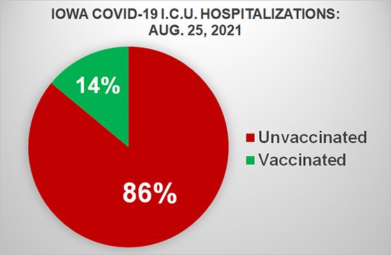 Pie Chart Showing Percentage of Vaccinated vs Unvaccinated Iowans Hospitalized in Intensive Care with COVID