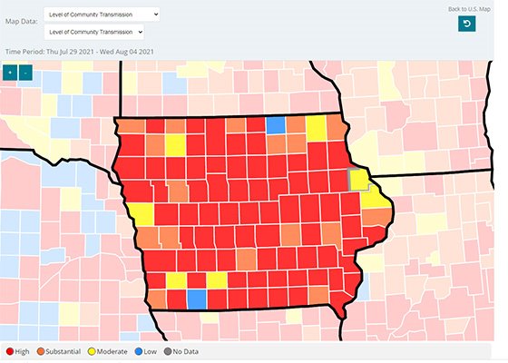 Map of Level of Community Transmission in Iowa - July 29 - Aug. 4