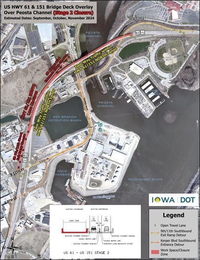 US Highway 61/151 Bridge Deck Overlay Closure/Detour Map, Stage 2